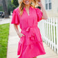 Star Struck Fuchsia Notched Neck Balloon Sleeve Sash Belt Mini Dress