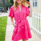 Star Struck Fuchsia Notched Neck Balloon Sleeve Sash Belt Mini Dress