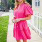 Star Struck Fuchsia Notched Neck Balloon Sleeve Sash Belt Mini Dress