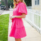 Star Struck Fuchsia Notched Neck Balloon Sleeve Sash Belt Mini Dress
