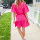 Star Struck Fuchsia Notched Neck Balloon Sleeve Sash Belt Mini Dress
