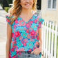 Flower Power Blue V Neck Flutter Sleeve Woven Blouse