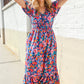 Find Love Blue Floral Raglan Puff Sleeves V Neck Smocked Waist Maxi