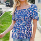 Blue & Pink Floral Square Neck Crinkle Smocked Top