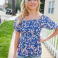 Blue & Pink Floral Square Neck Crinkle Smocked Top