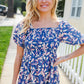 Blue & Pink Floral Square Neck Crinkle Smocked Top