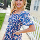 Blue & Pink Floral Square Neck Crinkle Smocked Top