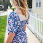 Blue & Pink Floral Square Neck Crinkle Smocked Top