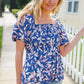 Blue & Pink Floral Square Neck Crinkle Smocked Top