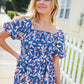 Blue & Pink Floral Square Neck Crinkle Smocked Top