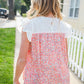 Coral & White Cotton Floral Embroidered Yoke Top