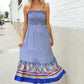 Follow Me Navy Boho Print Smocked Shoulder Tie Border Hem Dress