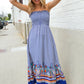 Follow Me Navy Boho Print Smocked Shoulder Tie Border Hem Dress