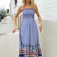 Follow Me Navy Boho Print Smocked Shoulder Tie Border Hem Dress