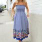Follow Me Navy Boho Print Smocked Shoulder Tie Border Hem Dress