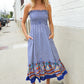 Follow Me Navy Boho Print Smocked Shoulder Tie Border Hem Dress