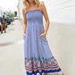 Follow Me Navy Boho Print Smocked Shoulder Tie Border Hem Dress