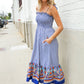 Follow Me Navy Boho Print Smocked Shoulder Tie Border Hem Dress