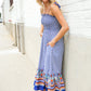 Follow Me Navy Boho Print Smocked Shoulder Tie Border Hem Dress