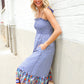 Follow Me Navy Boho Print Smocked Shoulder Tie Border Hem Dress