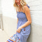Follow Me Navy Boho Print Smocked Shoulder Tie Border Hem Dress