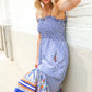 Follow Me Navy Boho Print Smocked Shoulder Tie Border Hem Dress