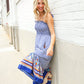 Follow Me Navy Boho Print Smocked Shoulder Tie Border Hem Dress