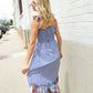 Follow Me Navy Boho Print Smocked Shoulder Tie Border Hem Dress