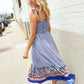 Follow Me Navy Boho Print Smocked Shoulder Tie Border Hem Dress