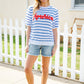 America Proud Blue Striped Embroidered Puff Sleeve Top