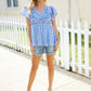 Hello Beautiful Blue Plaid V Neck Ruffle Elastic Babydoll Top