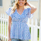 Hello Beautiful Blue Plaid V Neck Ruffle Elastic Babydoll Top