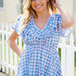 Hello Beautiful Blue Plaid V Neck Ruffle Elastic Babydoll Top