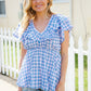 Hello Beautiful Blue Plaid V Neck Ruffle Elastic Babydoll Top
