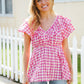 Hello Beautiful Fuchsia Plaid V Neck Ruffle Elastic Babydoll Top