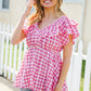 Hello Beautiful Fuchsia Plaid V Neck Ruffle Elastic Babydoll Top
