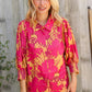Elegant In Fuchsia Satin Button-Down Smock Long Sleeve Blouse