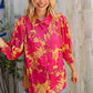 Elegant In Fuchsia Satin Button-Down Smock Long Sleeve Blouse