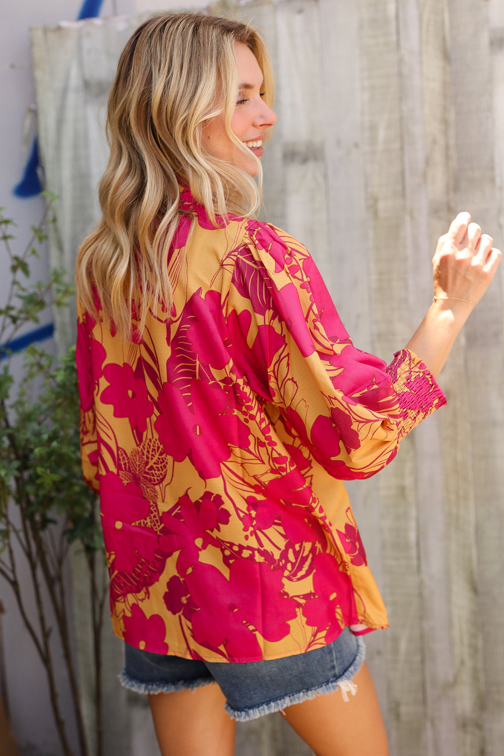Elegant In Fuchsia Satin Button-Down Smock Long Sleeve Blouse