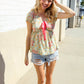 Be Charming Sage Floral Print Elastic Neck Ribbon Bow Tie Top
