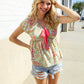 Be Charming Sage Floral Print Elastic Neck Ribbon Bow Tie Top