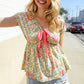 Be Charming Sage Floral Print Elastic Neck Ribbon Bow Tie Top