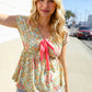 Be Charming Sage Floral Print Elastic Neck Ribbon Bow Tie Top