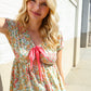 Be Charming Sage Floral Print Elastic Neck Ribbon Bow Tie Top