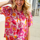 Perfectly You Fuchsia Big Floral Frill Neck Back Button Blouse