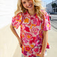 Perfectly You Fuchsia Big Floral Frill Neck Back Button Blouse