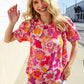 Perfectly You Fuchsia Big Floral Frill Neck Back Button Blouse