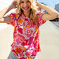 Perfectly You Fuchsia Big Floral Frill Neck Back Button Blouse