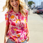 Perfectly You Fuchsia Big Floral Frill Neck Back Button Blouse