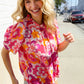 Perfectly You Fuchsia Big Floral Frill Neck Back Button Blouse